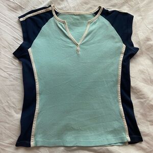 blue and white button top